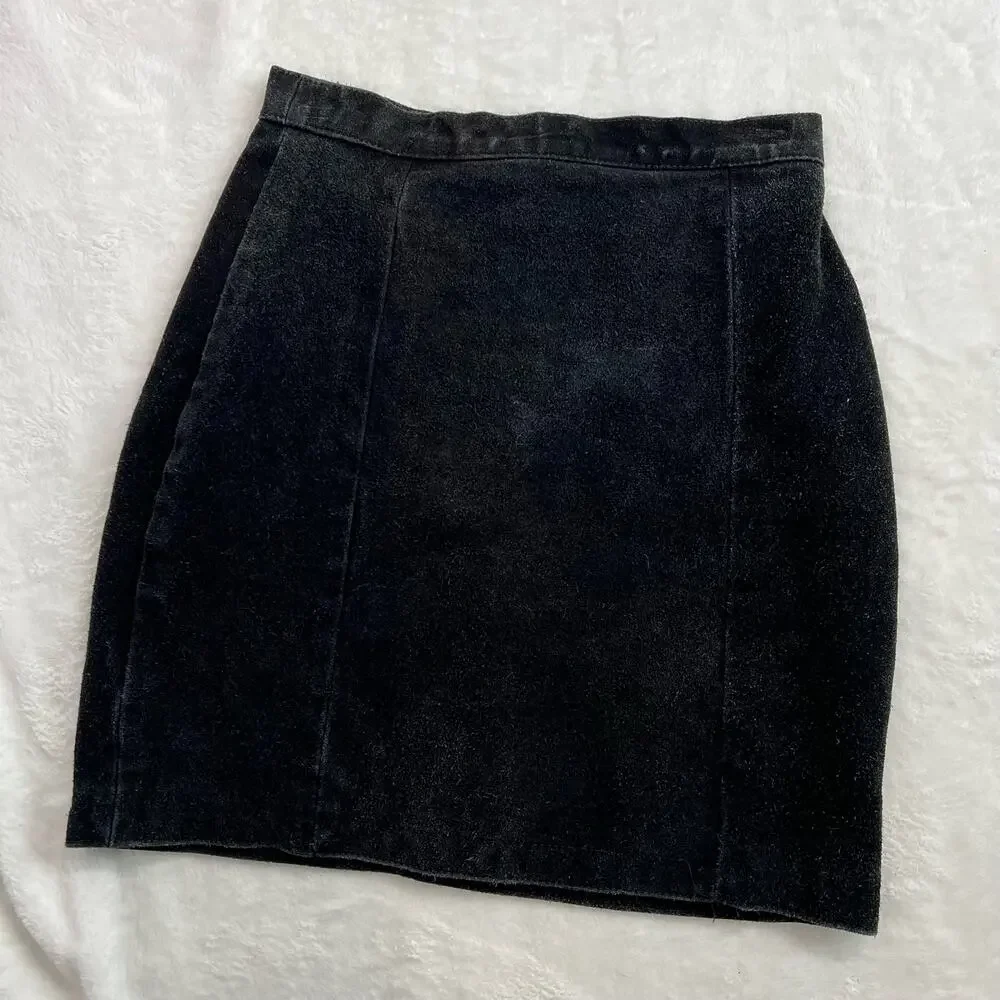 Vintage Mona Mode Black Leather Suede Skirt Small